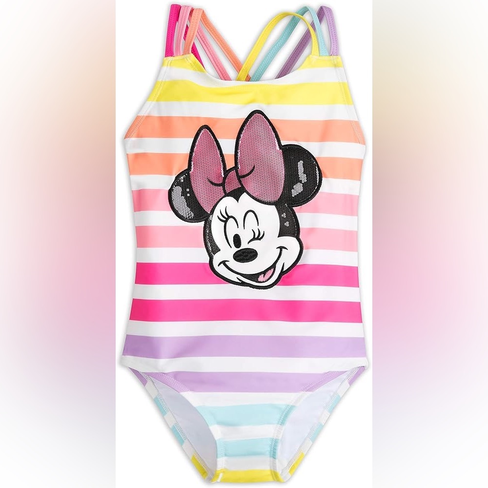 Disney Sequin Minnie Mouse Rainbow Striped Bathing Swim Suit, Size 8-10 Girls